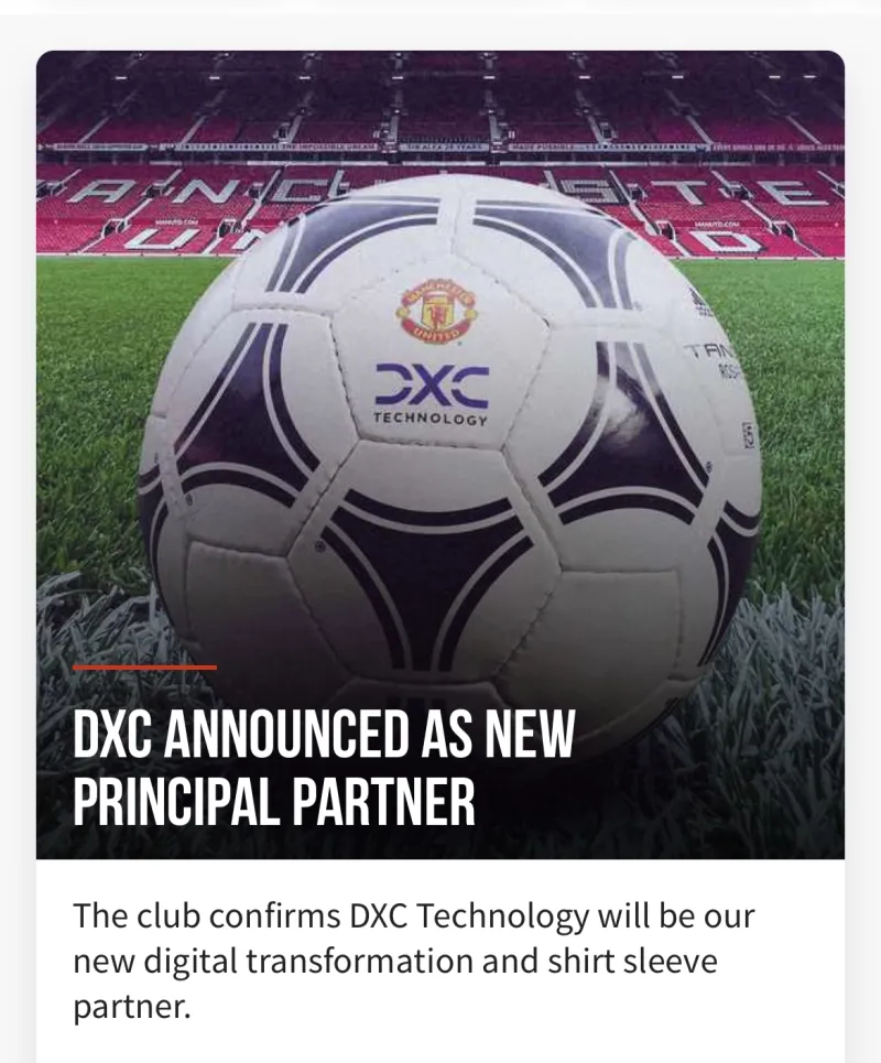 曼联与DXC Technology达成全球合作伙伴关系，新赛季球衣将展示DXC标志