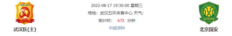 2022年8月17日19:30中超第13轮 武汉队主场对阵北京国安双方胜负难料