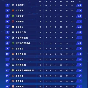 中超最新积分榜：申花甩开海港国安蓉城，大连英博稳居第7